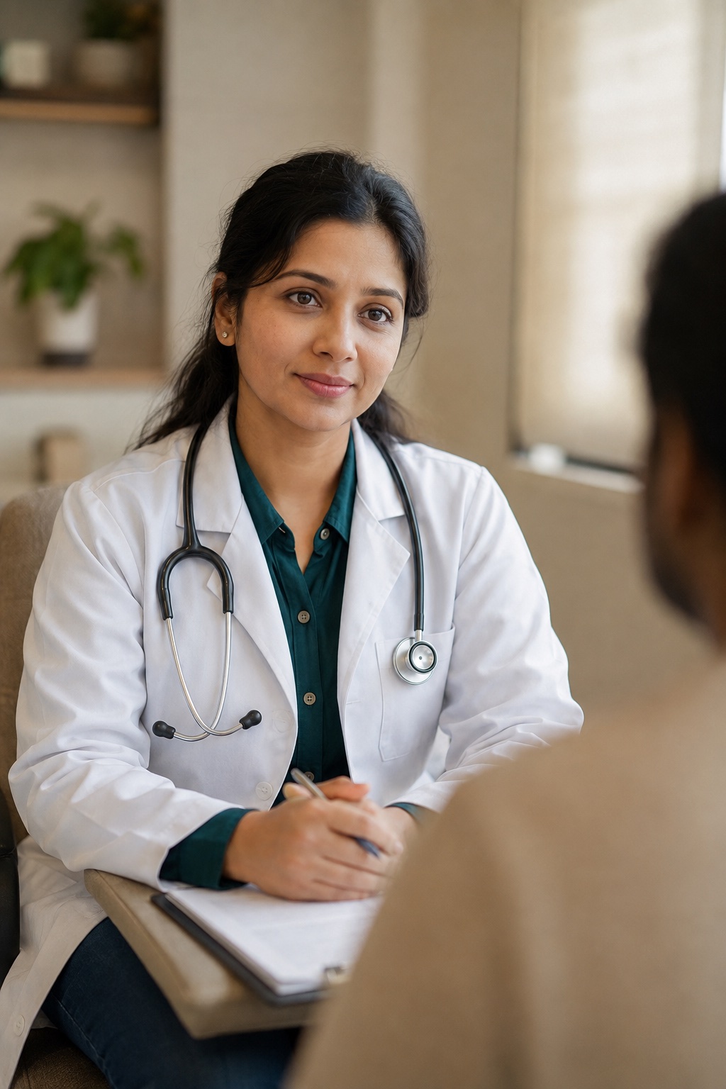 An Indian physician listening attentively to a patient