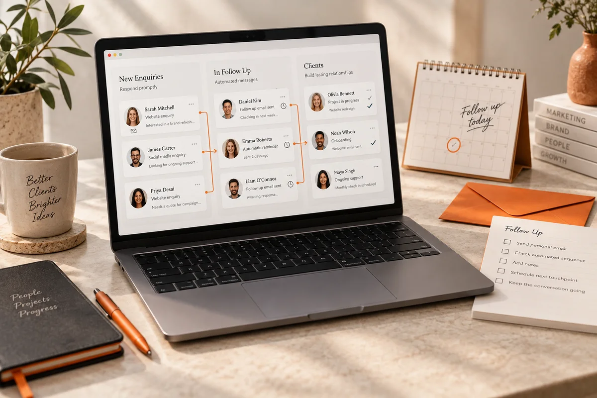 A customer relationship dashboard with contact stages and a follow-up checklist
