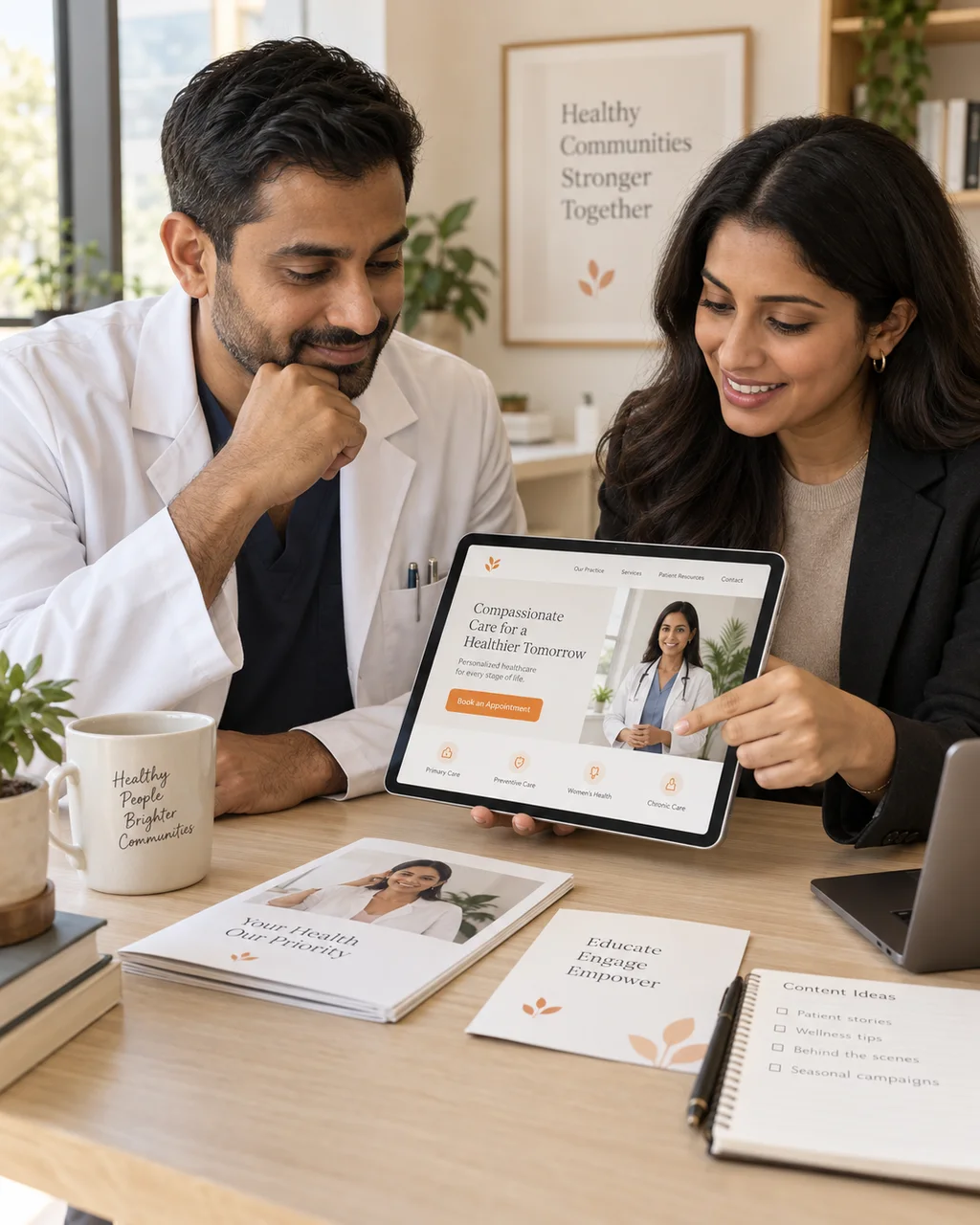 A clinic owner and marketing strategist reviewing a clinic website and patient information materials